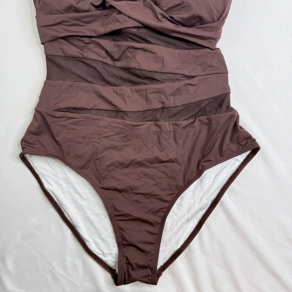 Dridreo Womens Brown Mesh Panel Twist Front One Piece Swimsuit NWT